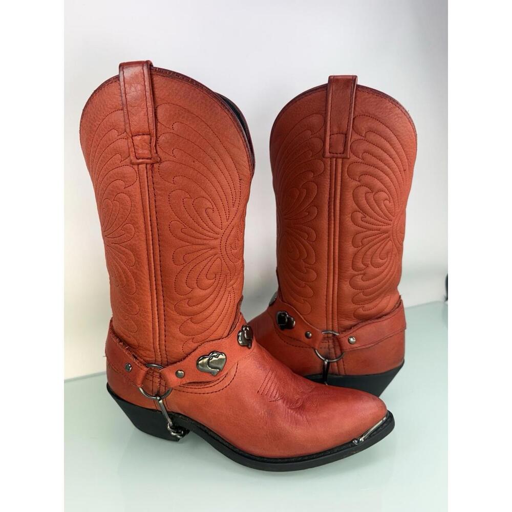 Masterson Red Leather Heart Harness Western Boots 6M USA 80s rodeo Glam